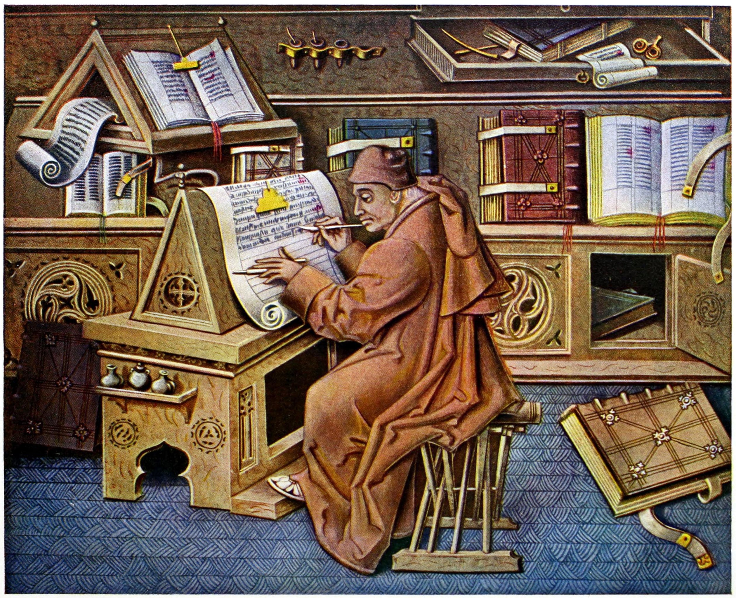Jean Miélot dans son scriptorium, dans Miracles de Notre Dame, f.19 © Wikimédia Commons, domaine public.